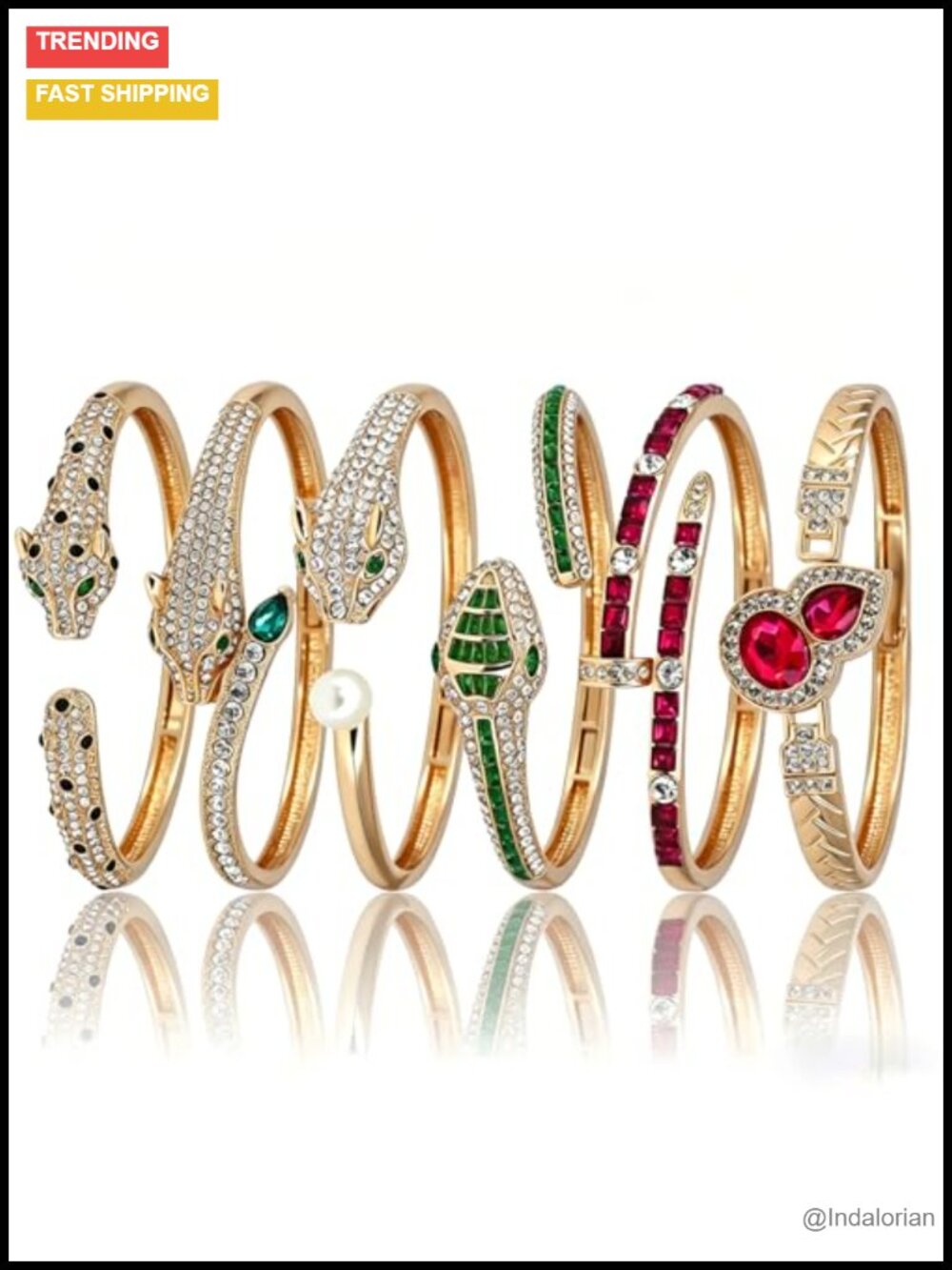 6 Pc Zinc Alloy Bangle Bracelet Set Women Gold Snake Leopard Rhinestone
